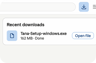 The Tana installer in the browser's Recent downloads panel.