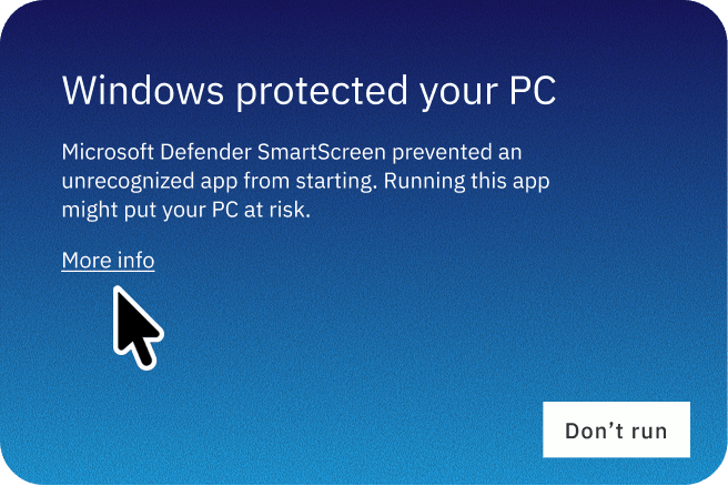 The Windows Defender SmartScreen warning, with the More info link highlighted.