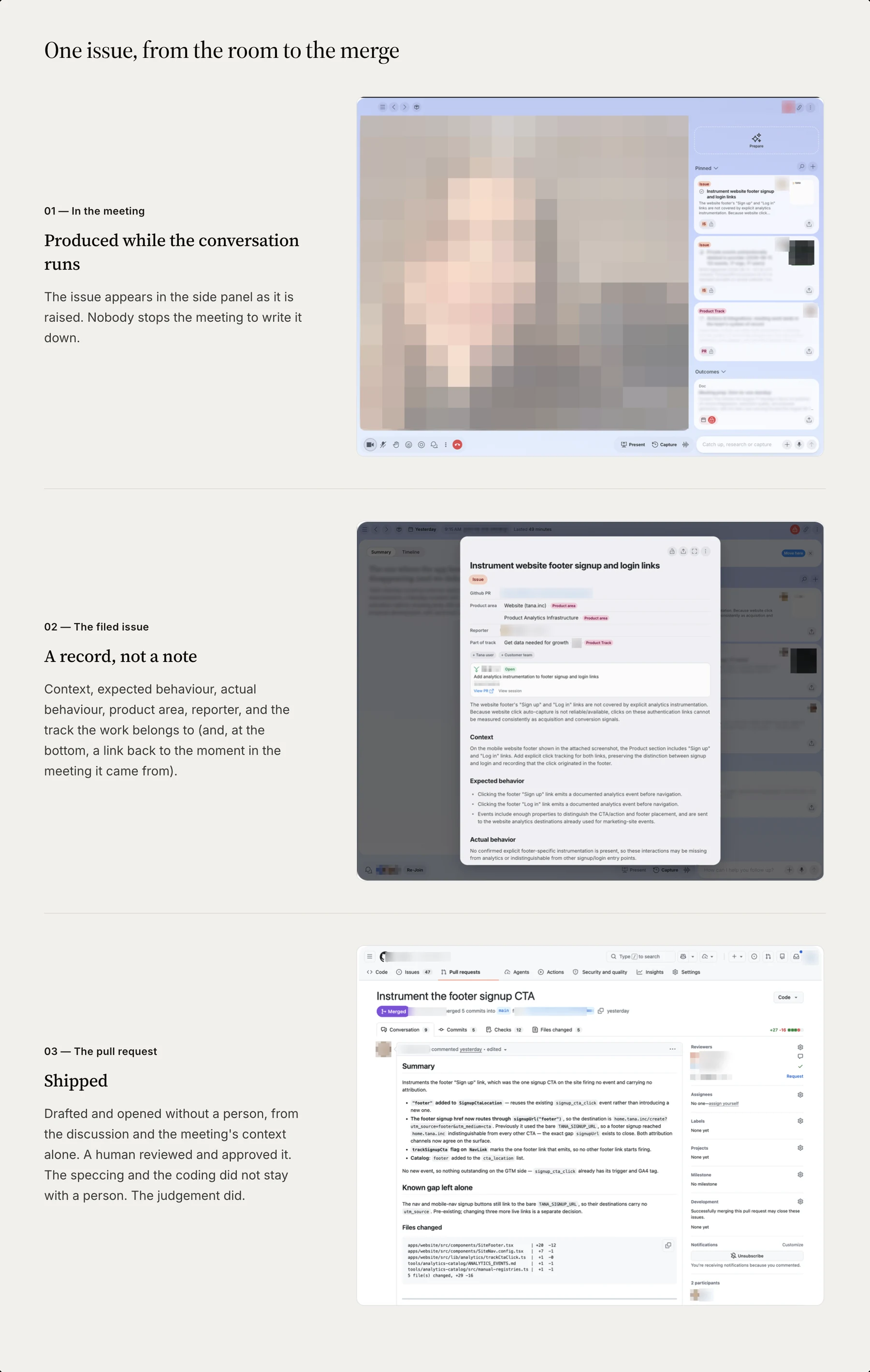 Three screens from one standup: the issue pinned in the meeting side panel, the filed issue record, and the merged pull request.