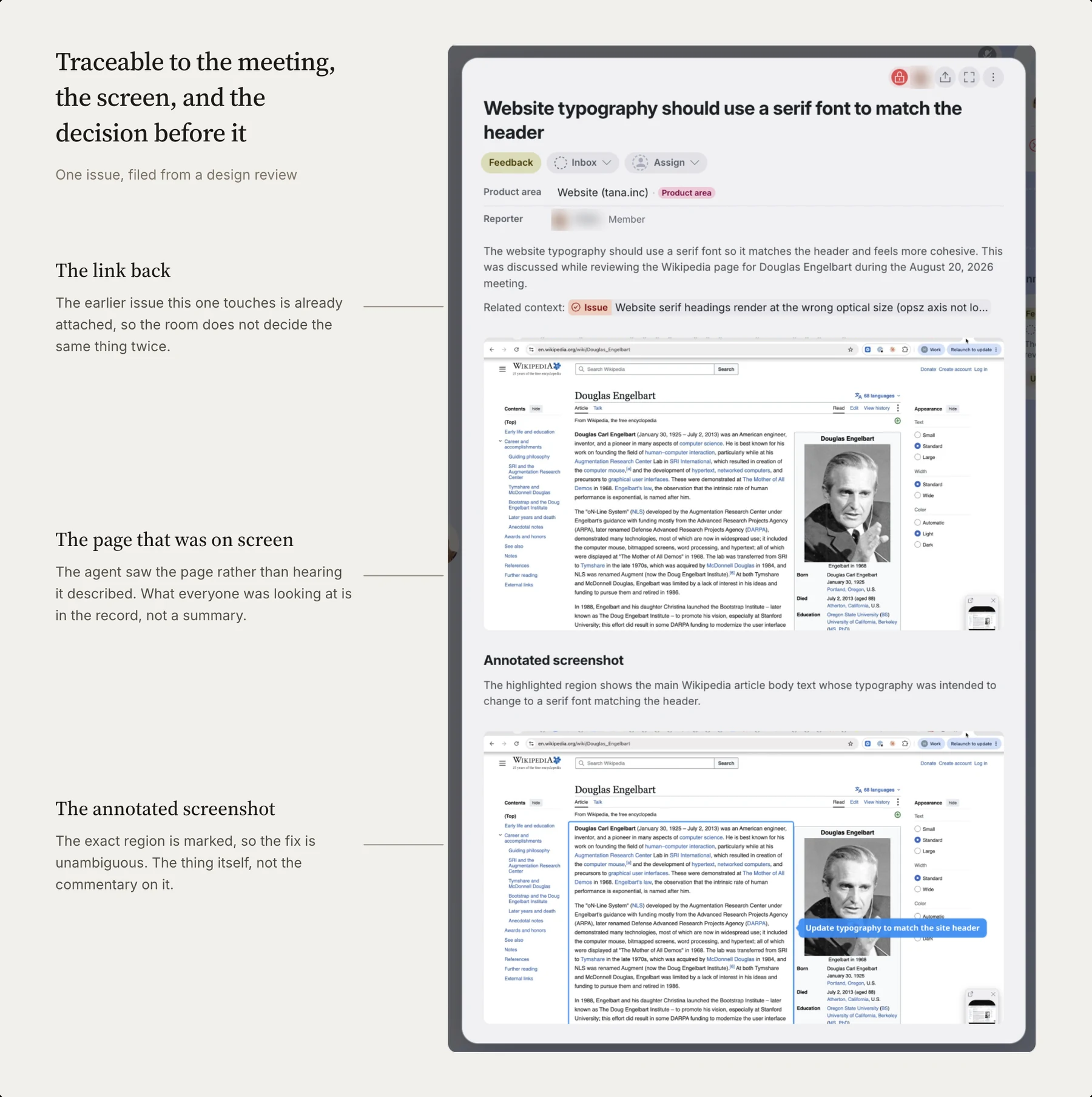 An issue filed from a design review. The record names the page that was on screen and the meeting it was discussed in, links the related issue, and attaches the annotated screenshot that prompted it.