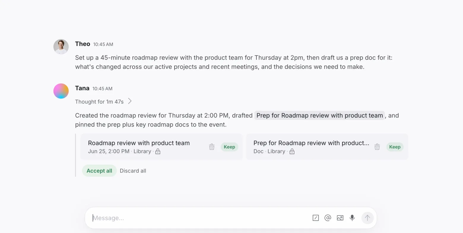 A chat where the AI proposes a calendar event and a prep doc, with Accept all to confirm both.