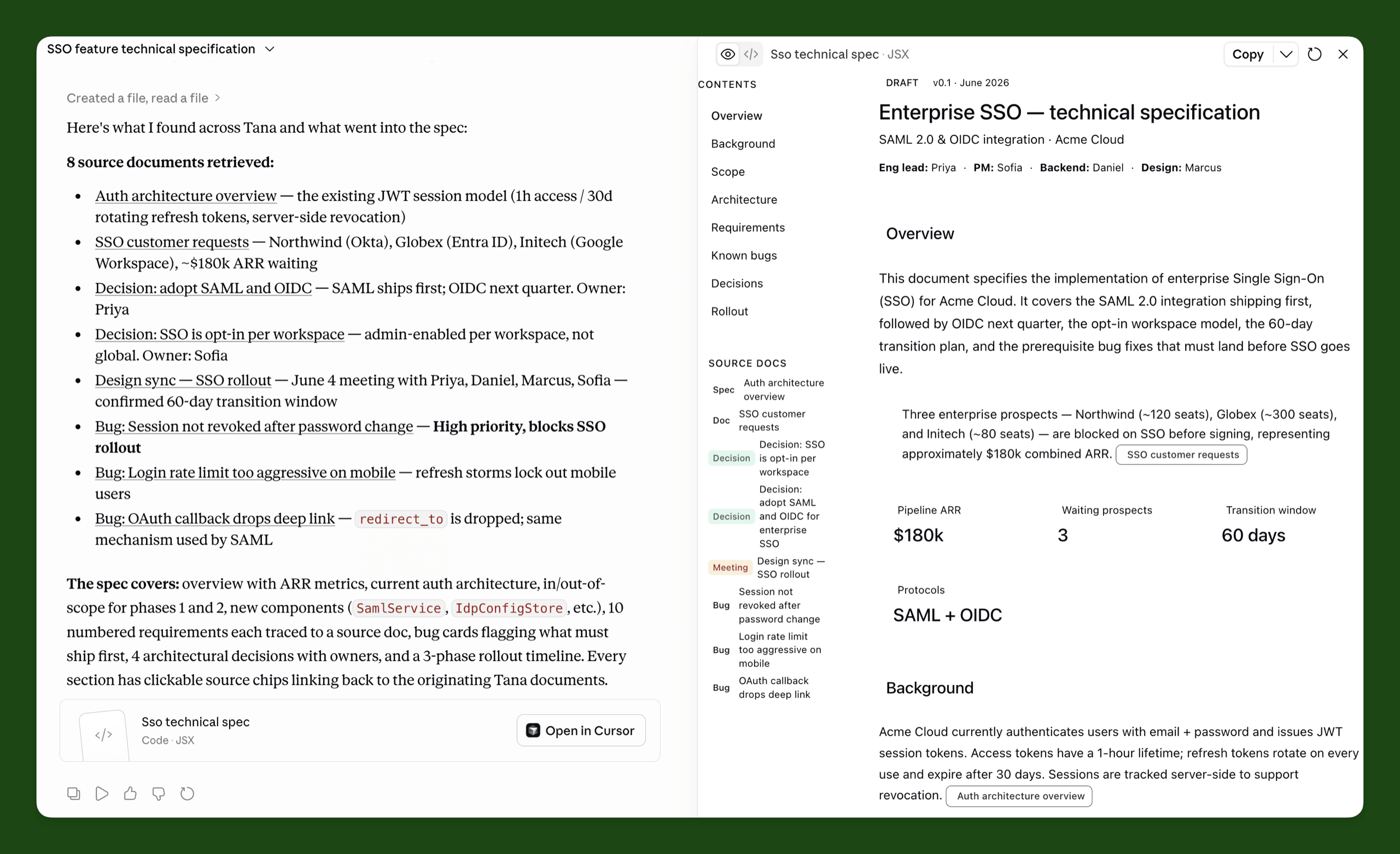 An AI assistant pulling several source documents from a Tana workspace and drafting a technical specification, with the finished document open in Tana alongside its sources.