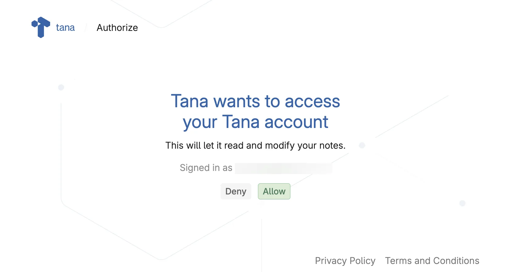 The Tana Outliner authorization screen asking to allow access to your account, with Deny and Allow buttons.