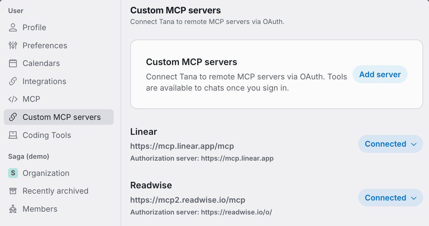 The Custom MCP servers settings page in Tana, with an Add server button and Linear and Readwise shown as connected servers.