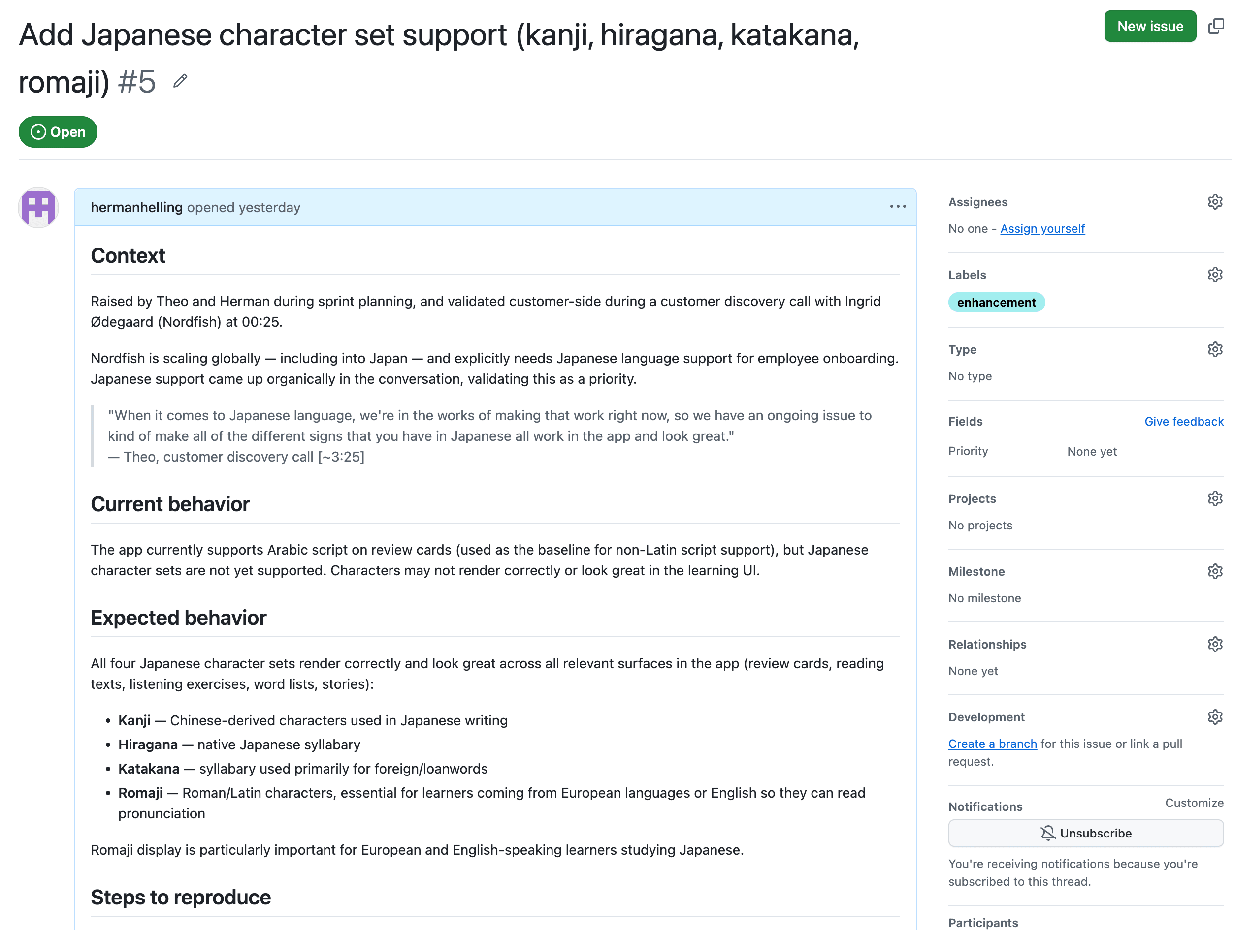 A filed GitHub issue created from a Tana discussion, with a structured body covering context, current behavior, and expected behavior, a verbatim customer quote, and an enhancement label.