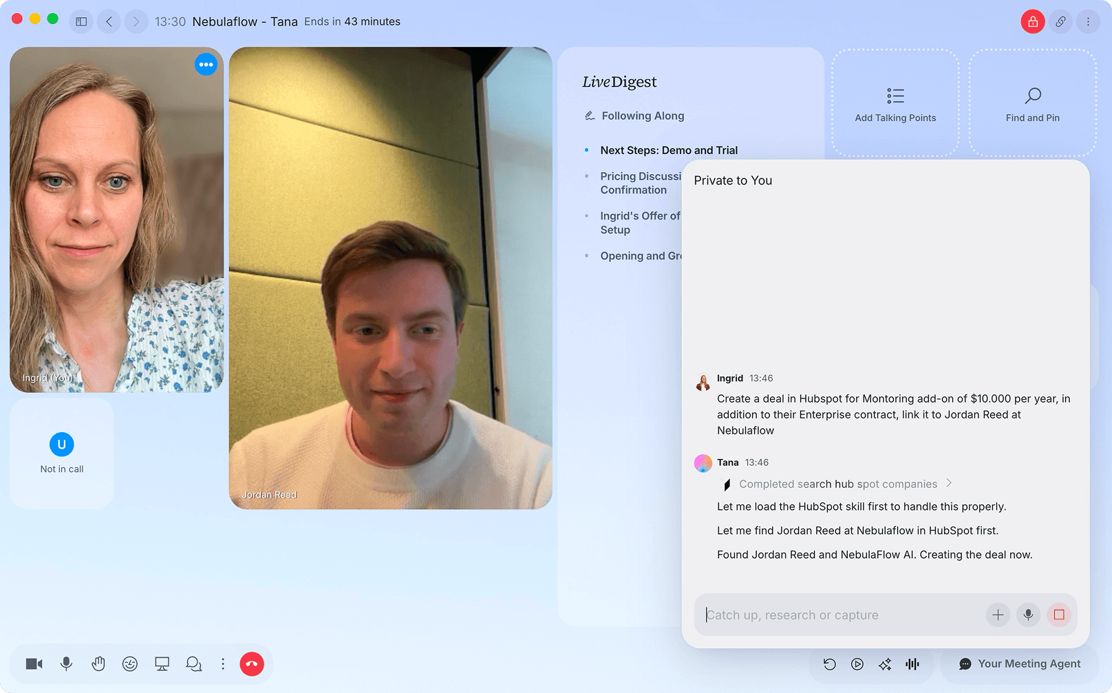 A live Tana video call where the user asks the AI chat to create a HubSpot deal and link it to a meeting participant.