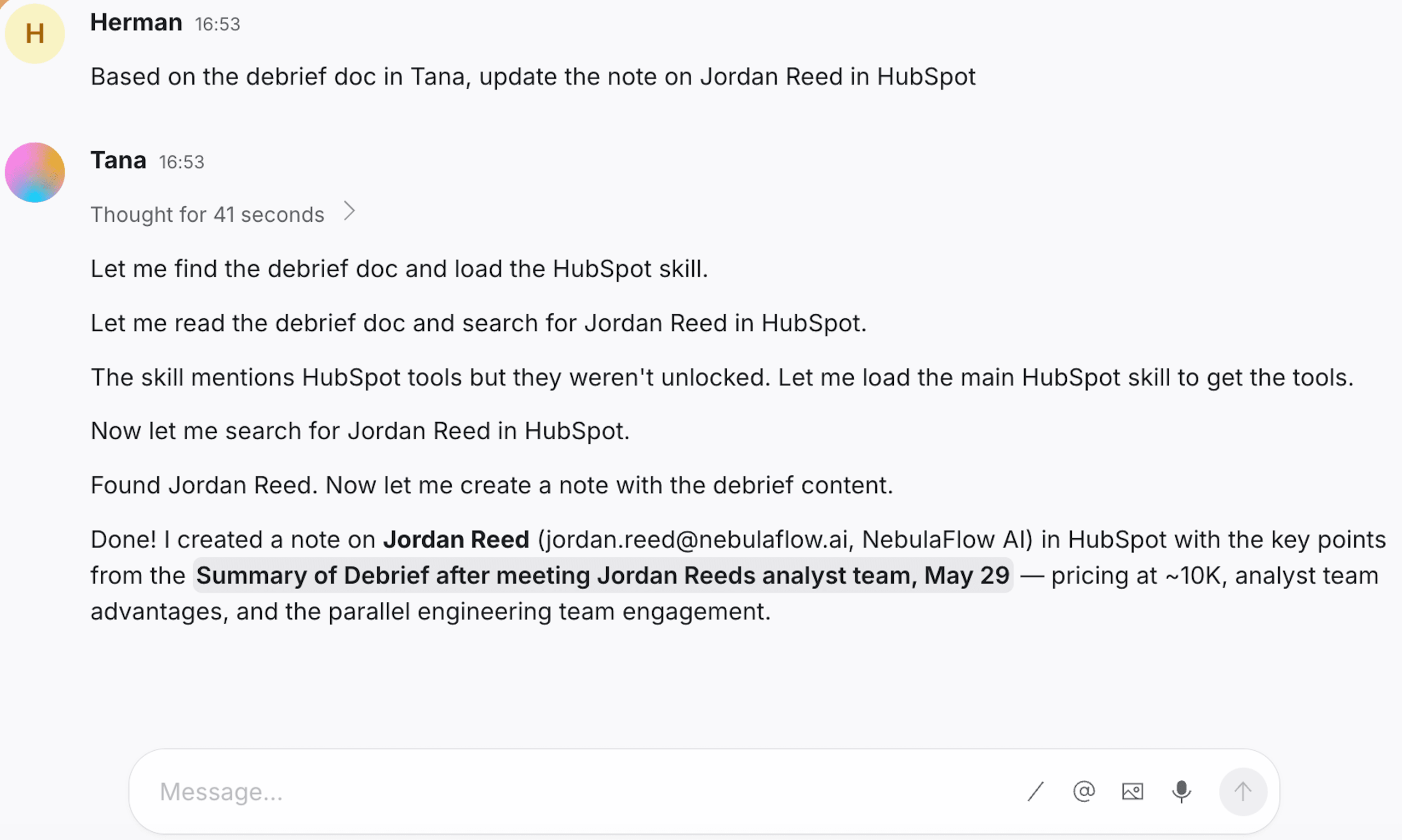 Tana's AI chat creating a HubSpot note on a contact, summarizing the key points from a meeting debrief doc held in Tana.