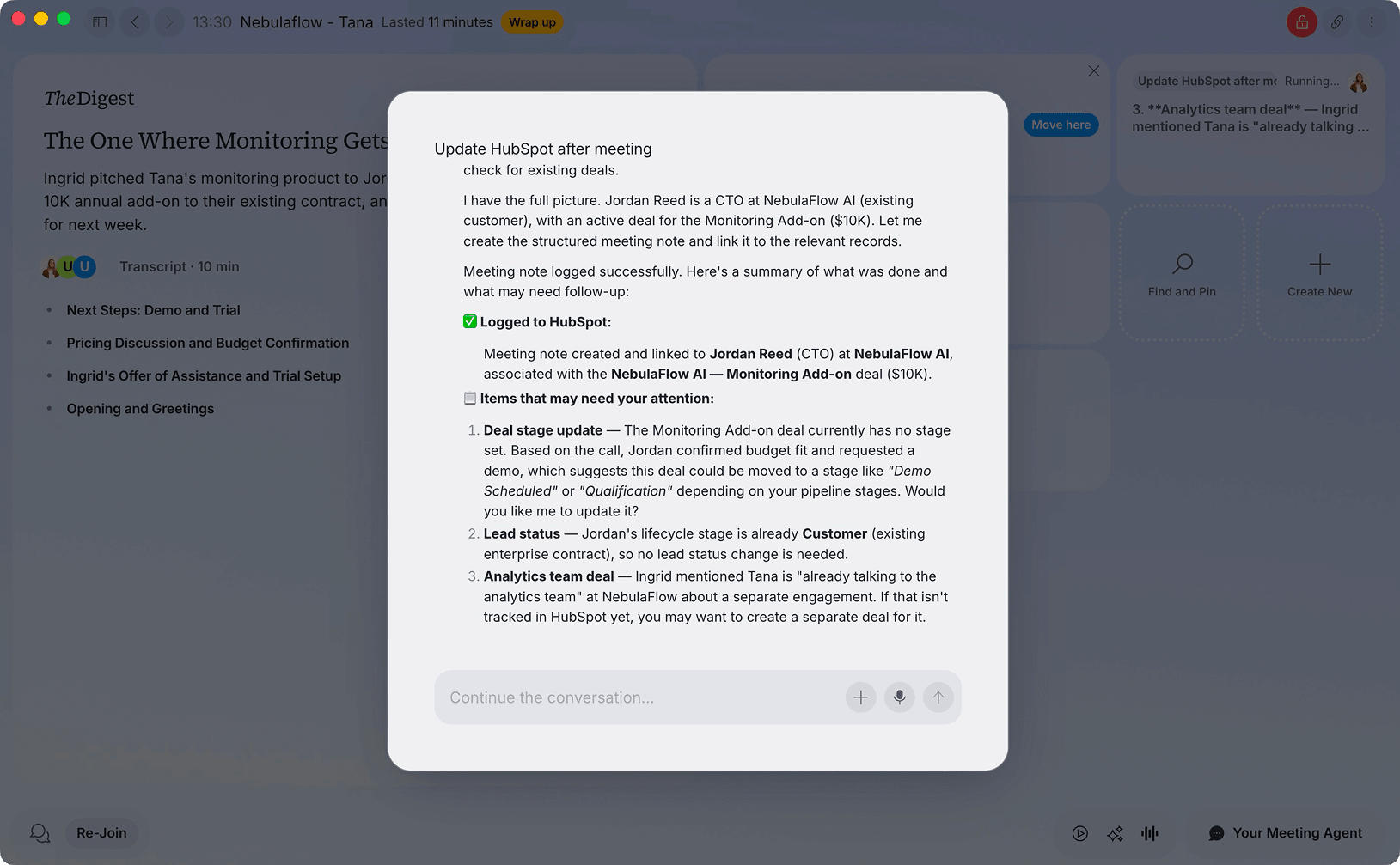 A wrapped-up Tana meeting showing a note logged to HubSpot and linked to the contact and their deal.