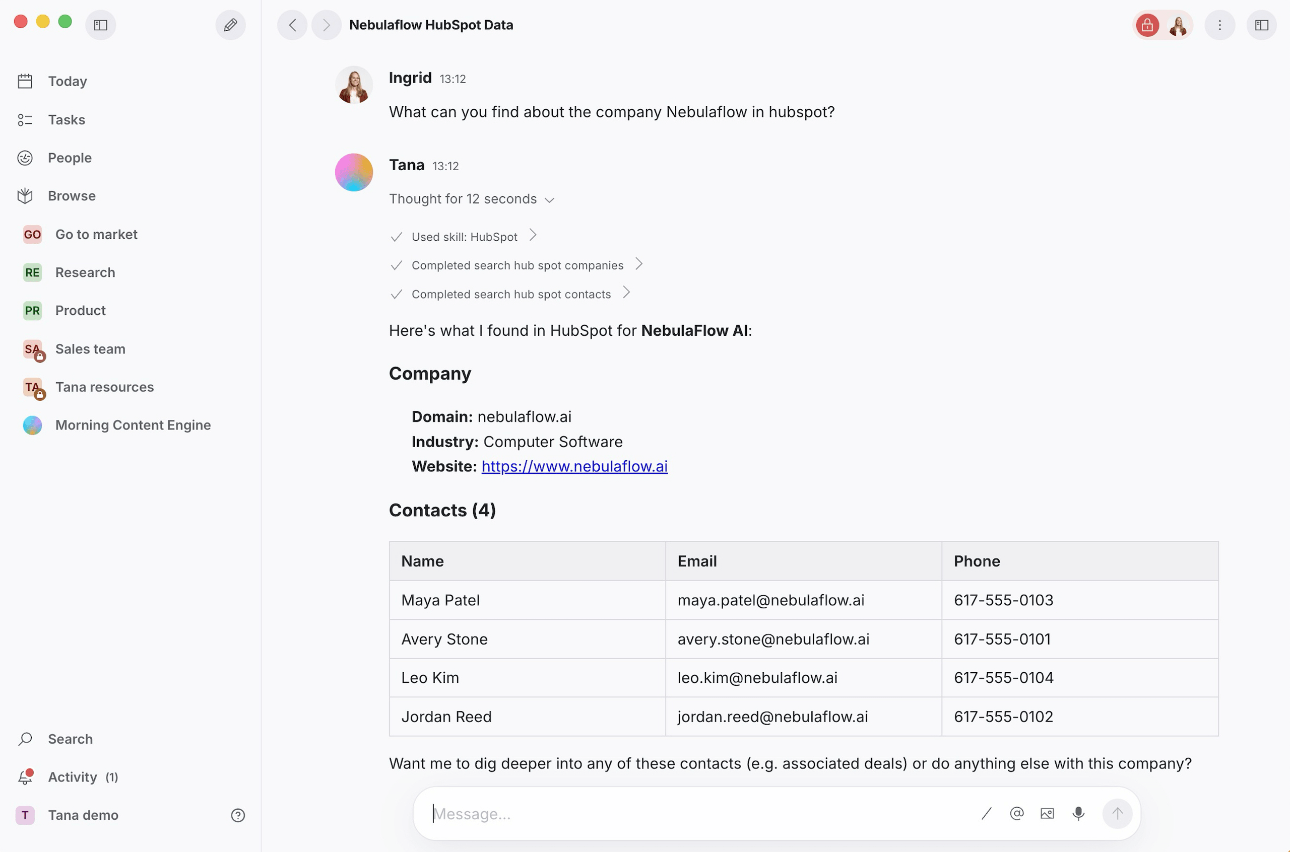 Tana's AI chat pulling a HubSpot company's details and its four contacts into Tana for meeting prep.