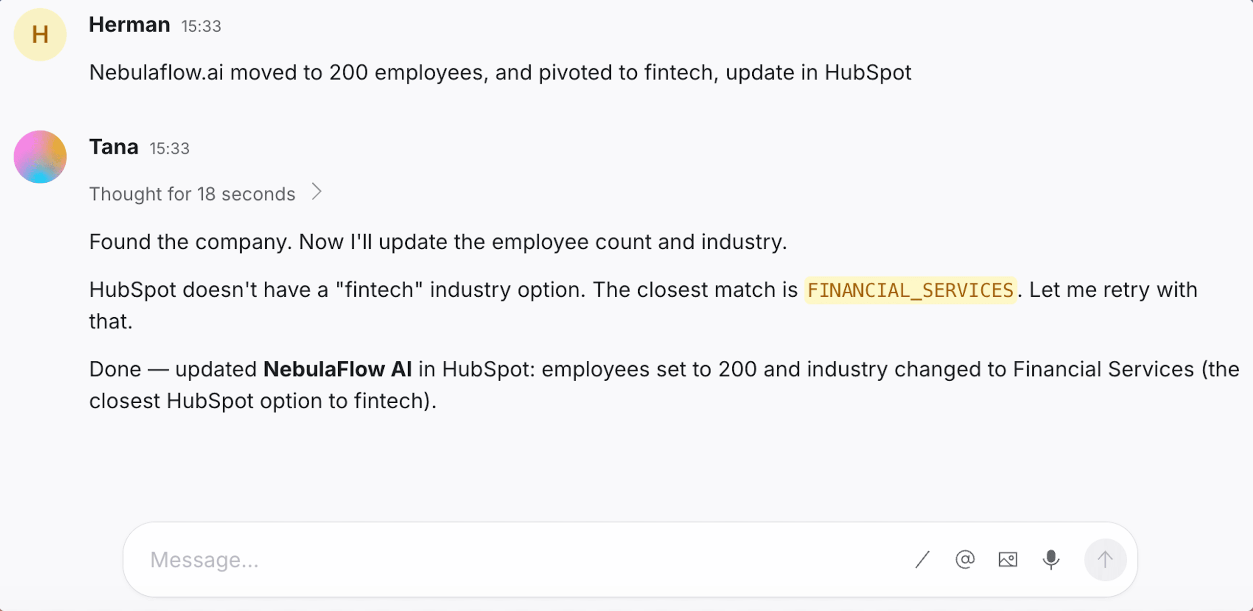 Tana's AI chat updating a HubSpot company's employee count and industry, mapping 'fintech' to HubSpot's closest match.
