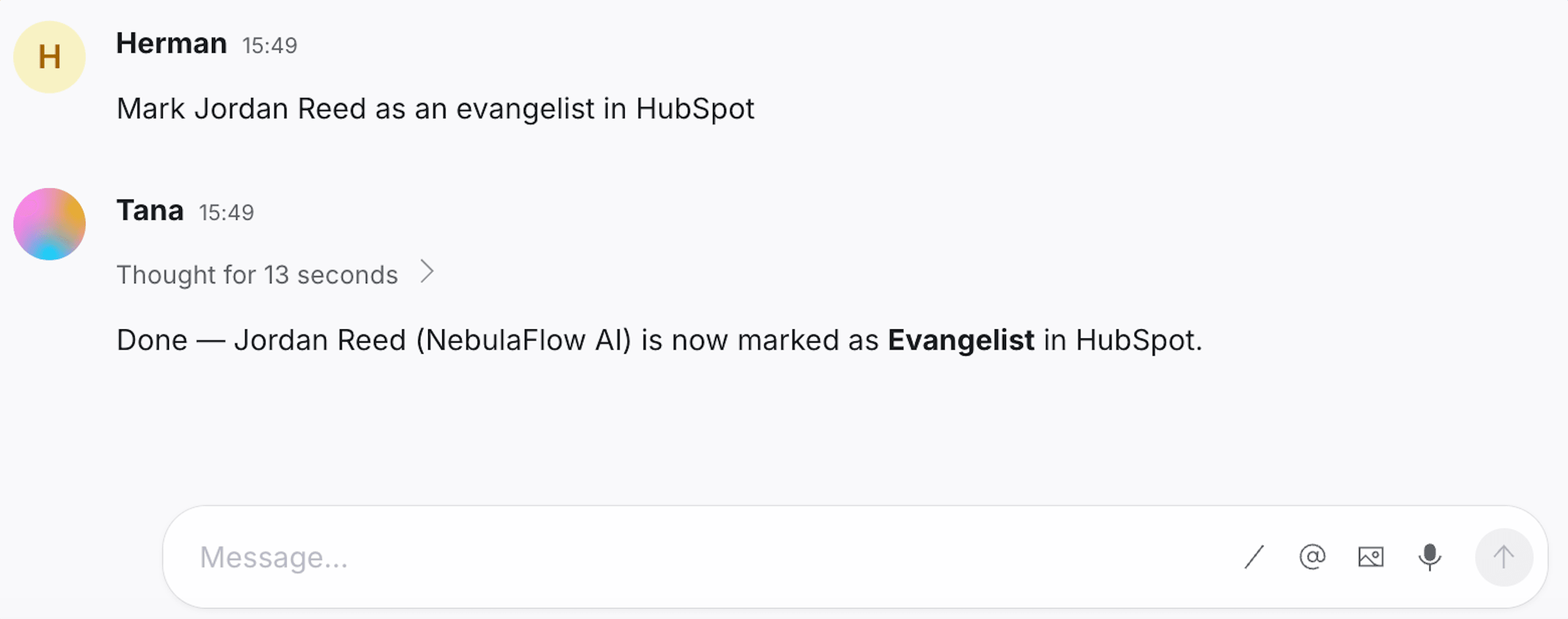 Tana's AI chat updating a HubSpot contact's lifecycle stage to Evangelist from a single request.