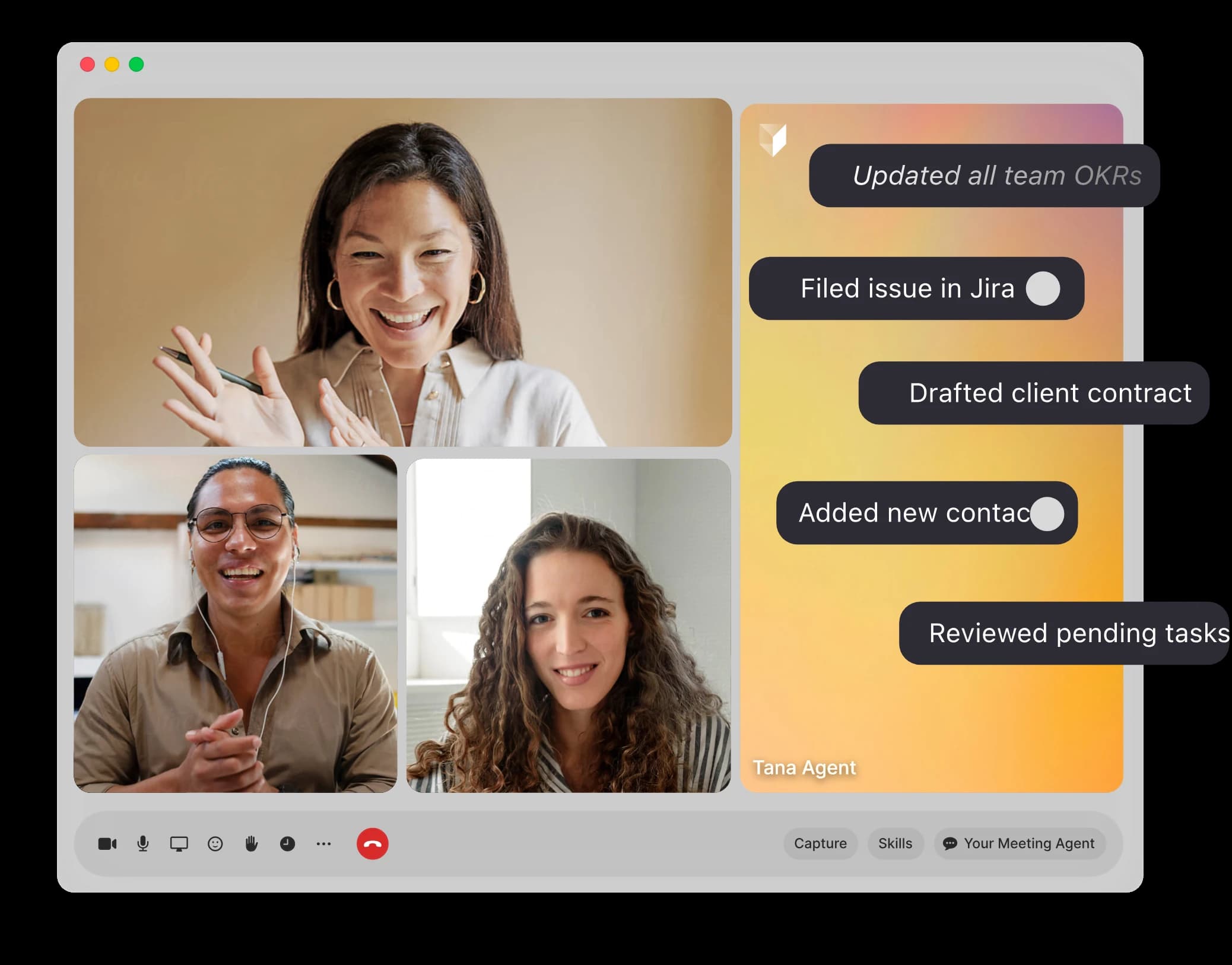 A Tana call where agents capture decisions, issues, and contacts as structured, reusable context