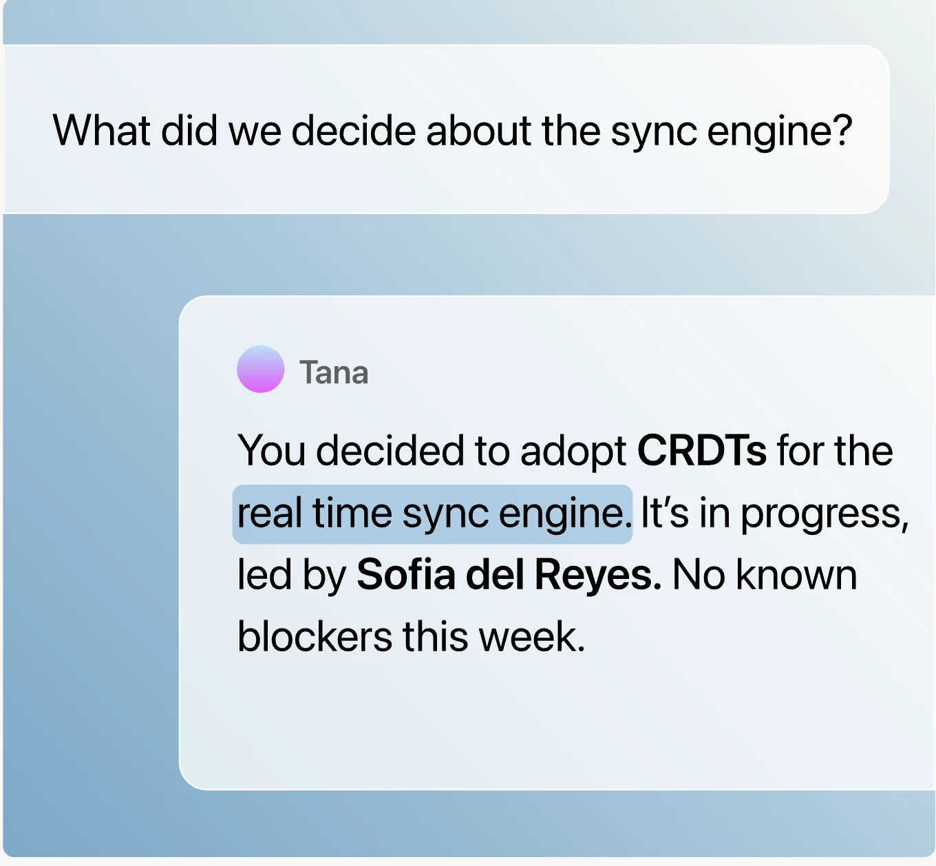 Tana answering 'What did we decide about the sync engine?' grounded in the team's own context