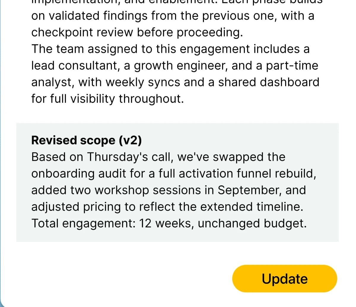 A Tana doc updated in place to a revised scope, instead of a duplicate being created
