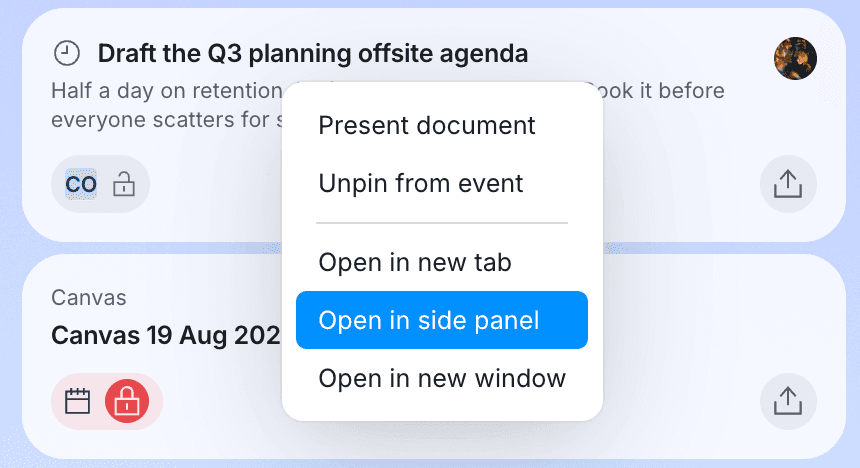 A pinned document's context menu showing Open in new tab, Open in side panel, and Open in new window