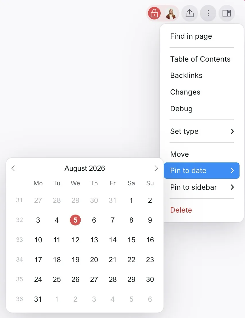A document's toolbar menu showing Pin to date and Pin to sidebar, with the Pin to date calendar open on August 2026.