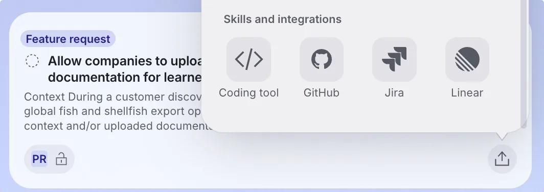 The Skills and integrations section of the Send to menu on a Feature request item, offering Coding tool, GitHub, Jira, and Linear.