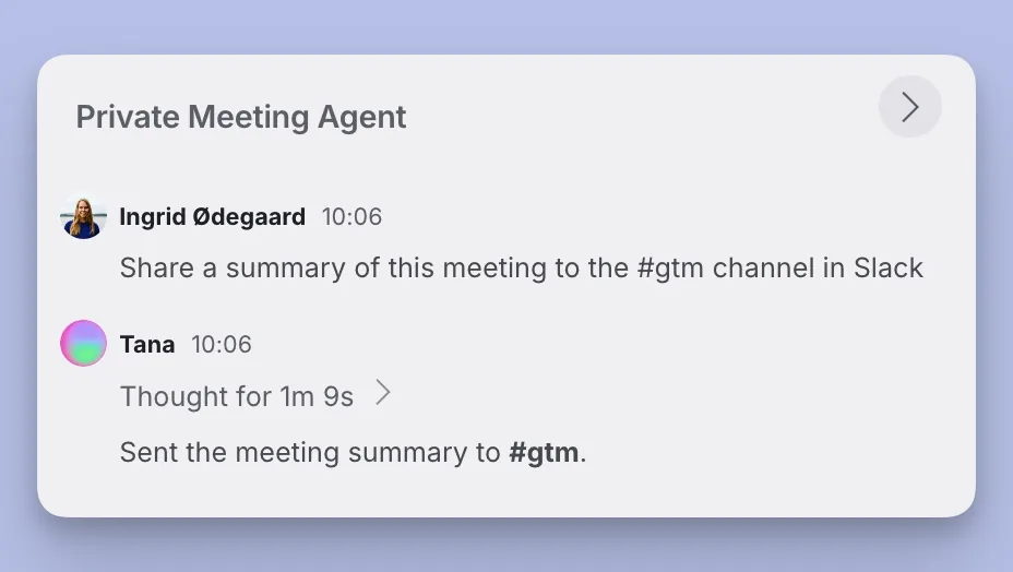 A meeting chat where the request "Share a summary of this meeting to the
