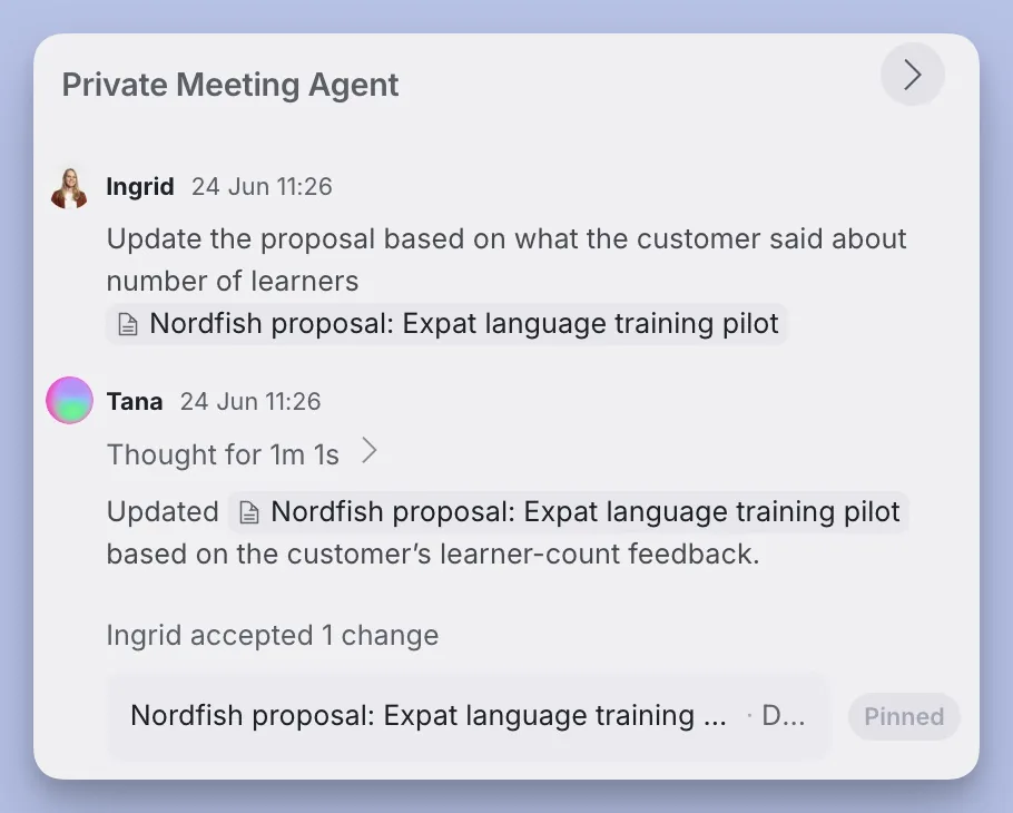 A meeting chat updating an existing proposal document from what a customer said, with the accepted change and the updated document shown as a pinned card.