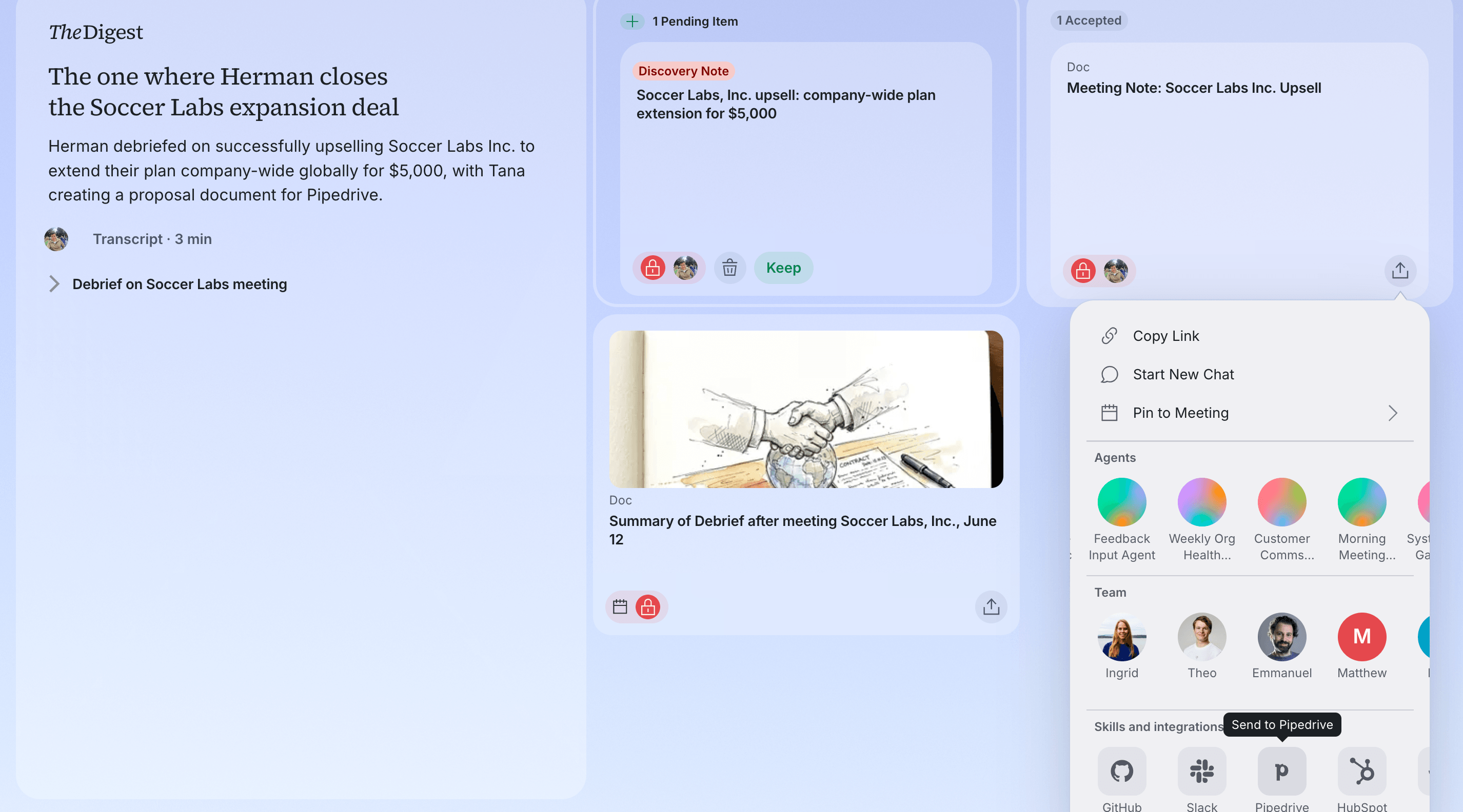 A Tana meeting debrief with a digest summarizing a closed expansion deal, and the skills and integrations menu open on Send to Pipedrive.