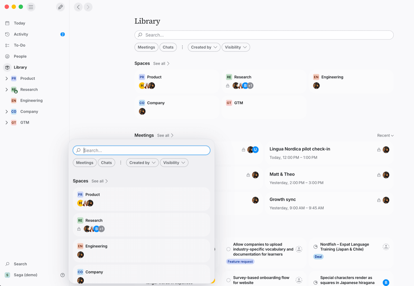The Tana search popover open over the Library page, showing a search field, filter pills, and a Spaces section of the browse index.