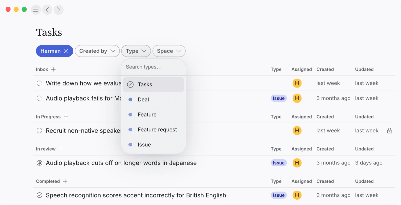The Tana Tasks view grouped by type, with filter pills for assignee and type in the toolbar and a quick-add control on each group heading.
