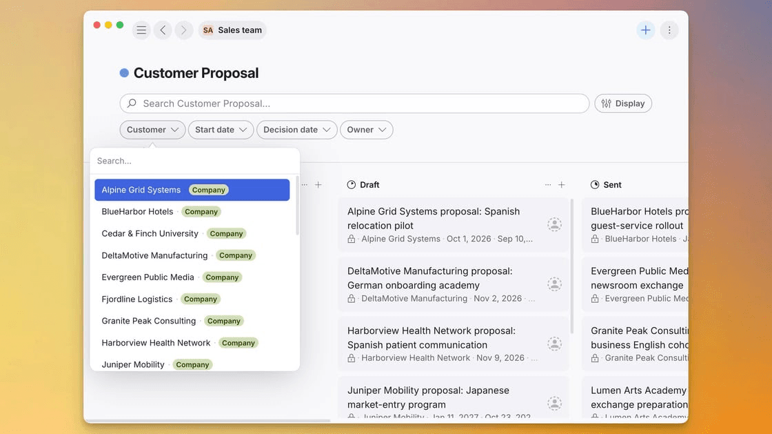 A Customer Proposal board with filter pills for Customer, Start date, Decision date and Owner, the Customer pill open on a searchable list of companies, and proposal cards grouped into Draft and Sent columns