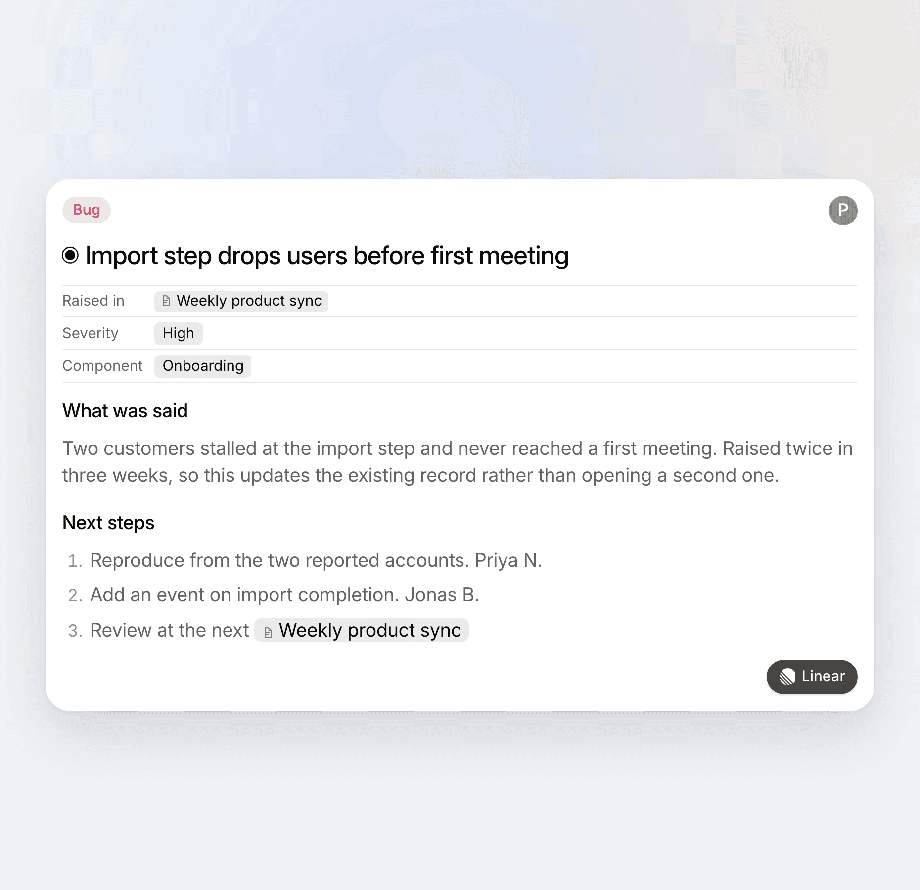 What meeting intelligence software leaves behind when it works: a typed record with owners and states, not another summary to read.